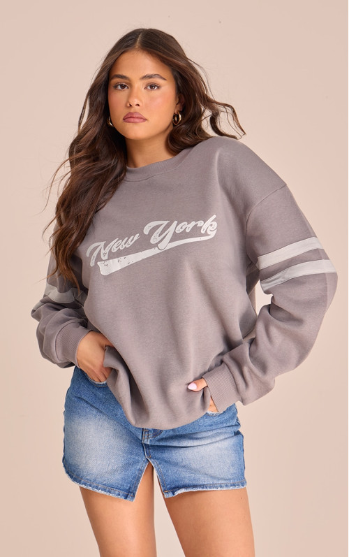 PrettyLittlingething Durcoal New York Varsity Print Sweetshirt