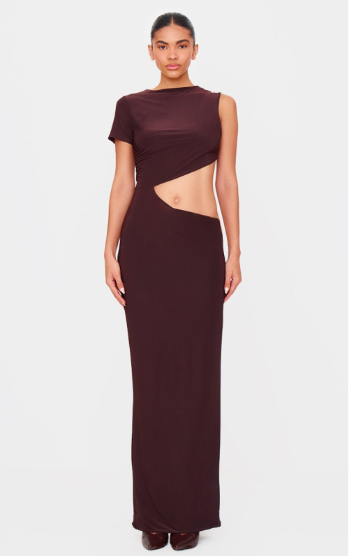 Шоколадне двошарове облягаюче плаття максі з короткими рукавами та деталями