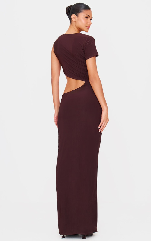 Шоколадне двошарове облягаюче плаття максі з короткими рукавами та деталями