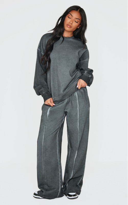 PRETTYLITTLETHING Washed Charcoal Premium Waist Wide Leg Joggers