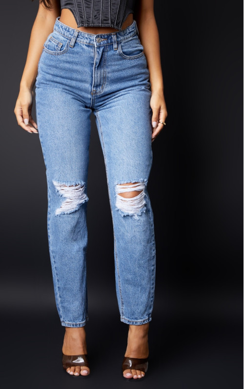 Сині рвані мом джинси PRETTYLITTLETHING