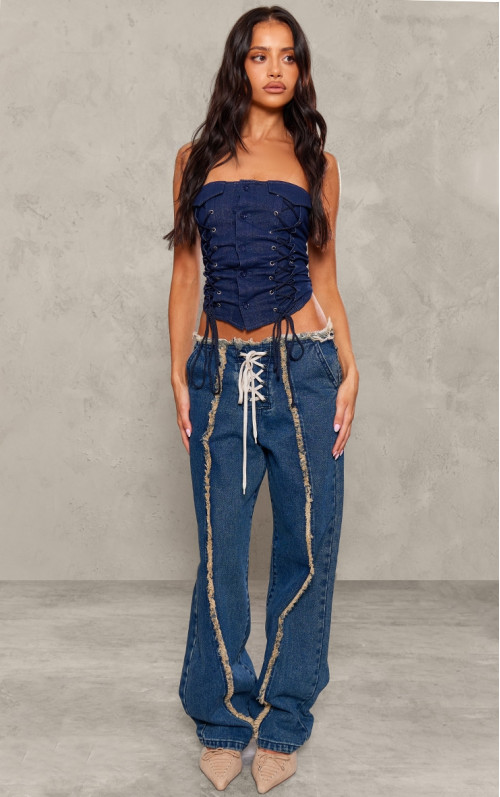 Джинси зі шнурівкою Petite Mid Blue Wash із потертими деталями