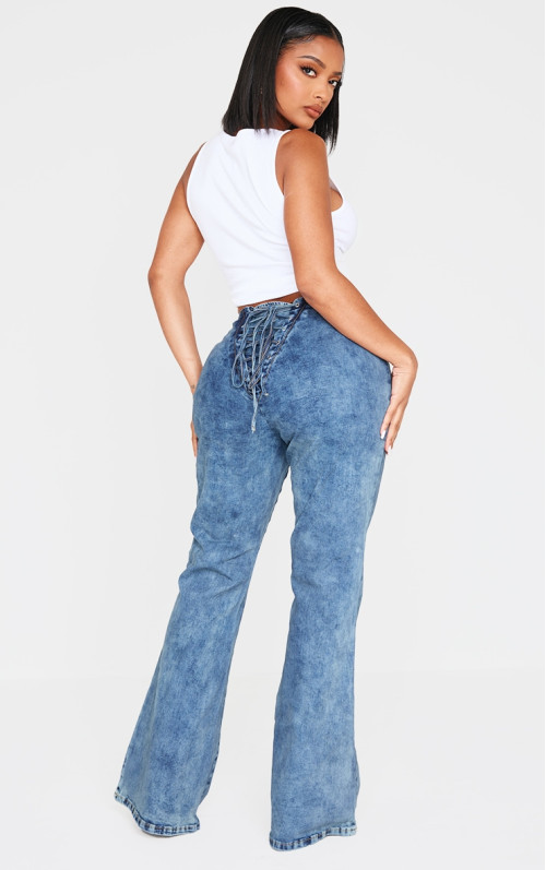 Світло-блакитні джинсові джинси із зашнуруванням і кльошем