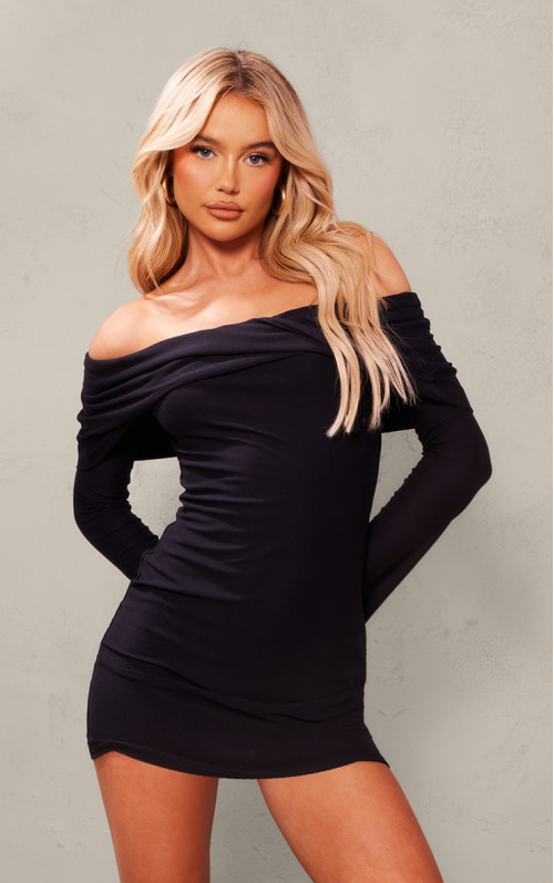 Чорна м'яка облягаюча сукня Bardot Twist