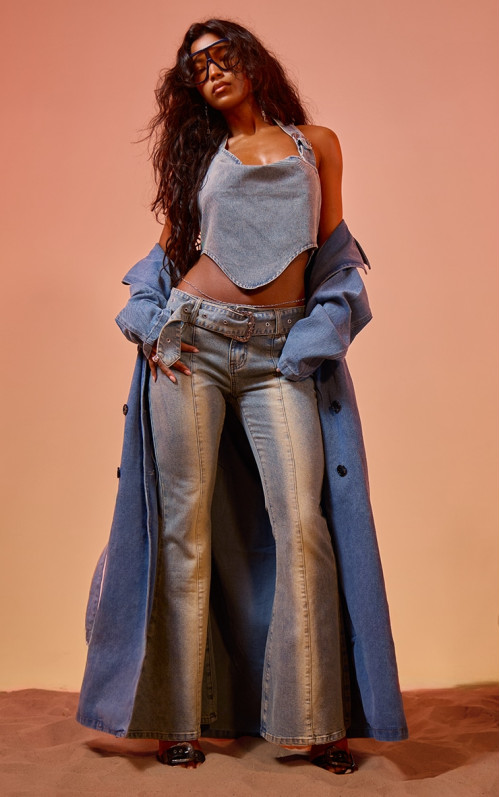 Вінтажні джинси-кльош у стилі західного стилю з пряжкою та пряжкою