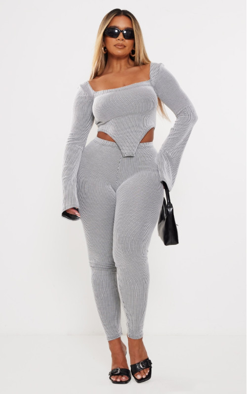 Світло-сірі ребристі легінси з високою талією