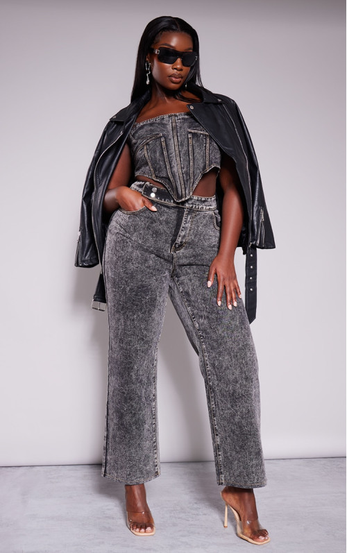 Плюс сірі широкі джинси з поясом Acid Wash