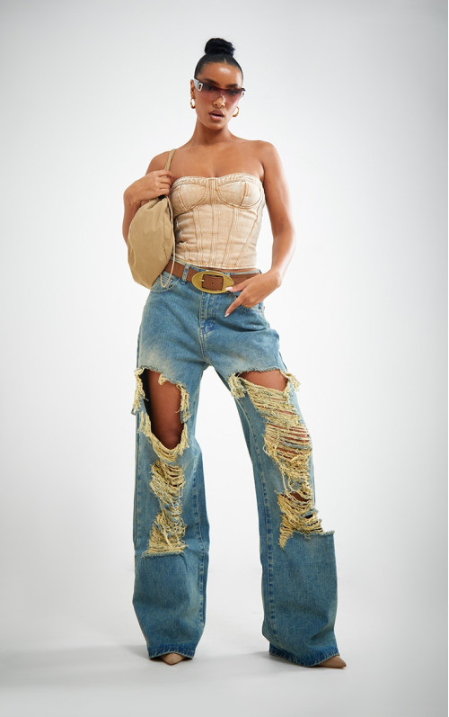 Прямі джинси Indigo Vintage Wash Extreme Rip Front