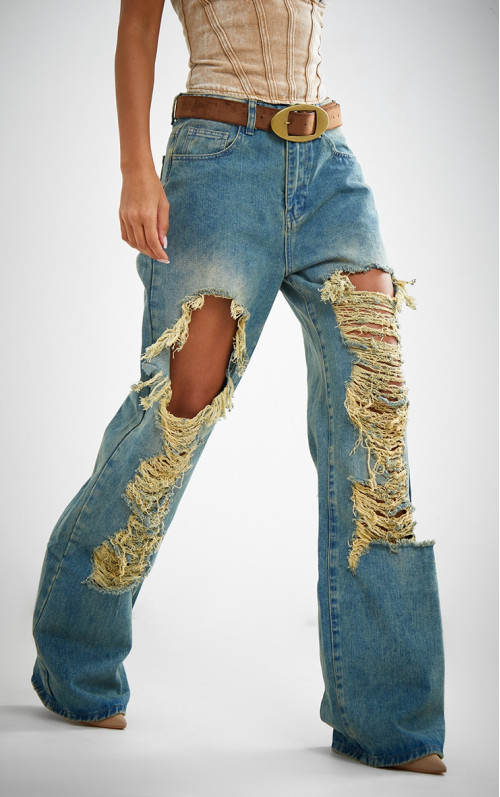 Прямі джинси Indigo Vintage Wash Extreme Rip Front