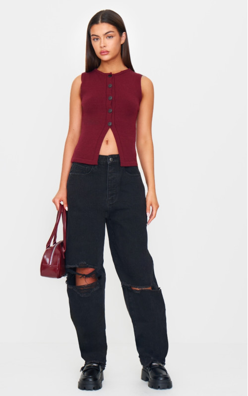 Випрані чорні джинси-бойфренди з екстремальним рваним подолом PRETTYLITTLETHING