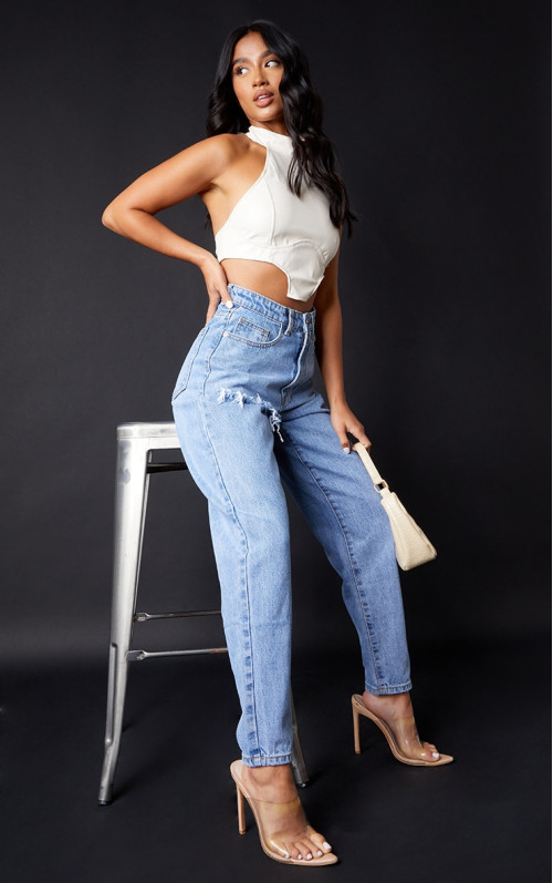 Світло-блакитні рвані мом джинси PRETTYLITTLETHING Petite