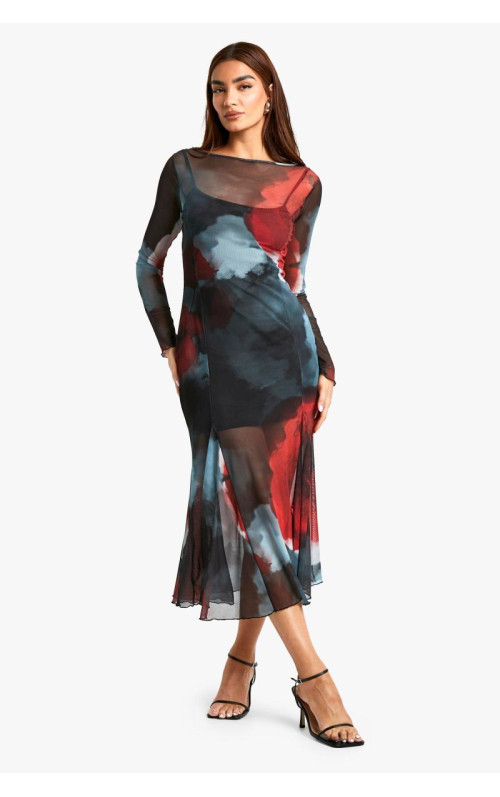 Сукня Midaxi із квітковим сітчастим принтом із порізаним подолом