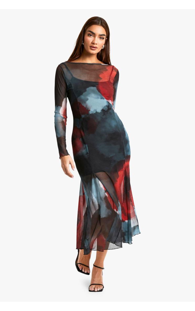 Сукня Midaxi із квітковим сітчастим принтом із порізаним подолом