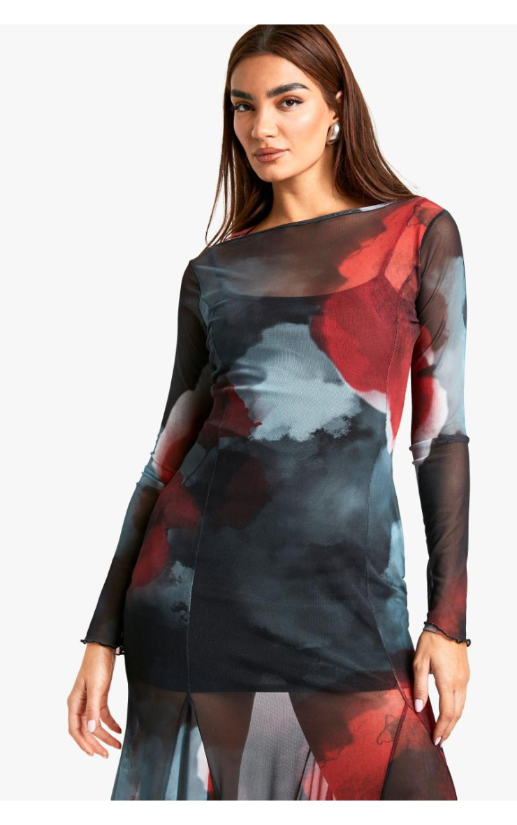 Сукня Midaxi із квітковим сітчастим принтом із порізаним подолом