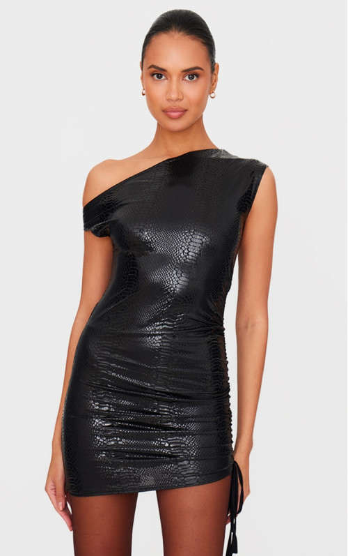 Чорна міні-сукня з ефектом крокодилу на одне плече